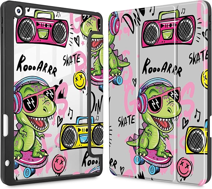Mektron Printed Case for iPad 10.2 Inch 2021/2020/2019 for iPad 9th/8th/7th Generation Case Buit in Pencil Holder with Shockproof Cover Clear Shell + Trifold Stand + Auto Wake/Sleep Cool Dinosaur