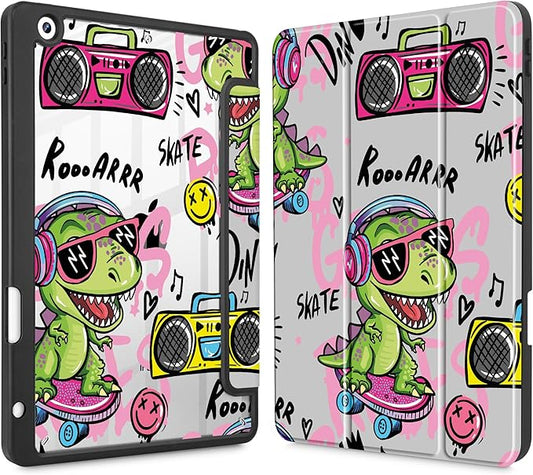 Mektron Printed Case for iPad 10.2 Inch 2021/2020/2019 for iPad 9th/8th/7th Generation Case Buit in Pencil Holder with Shockproof Cover Clear Shell + Trifold Stand + Auto Wake/Sleep Cool Dinosaur