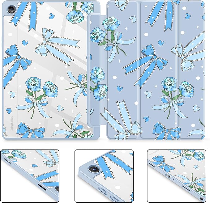 Tuiklol for Samsung Galaxy Tab A9+ Tablet 11” / A9+ Plus 2024 2023Buit-in S-Pen Holder with Clear Protective Cover Transparent Back Shell Auto Wake/Sleep Samsung Tab A9 Plus CoverBow &amp Rose Blue