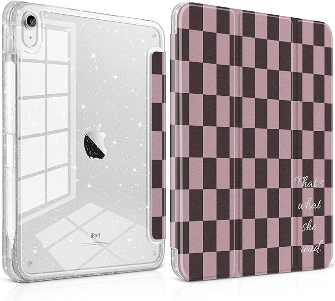 TWOLSKOO Sparkly Case for iPad Pro 11 inch (M5 2025 / M4 2024) Glitter Hard Acrylic Back with Pencil Holder Slim Trifold Stand Folio Cover Auto Sleep/Wake Checkered Pattern