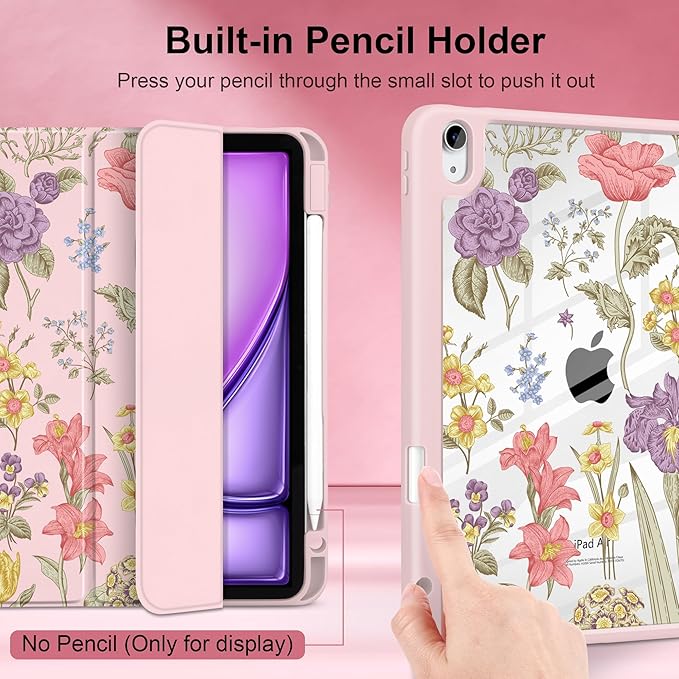 DONGKE Case for iPad Air 11-inch M4 2026 &amp M3 2025 &amp M2 2024 iPad Air 5th/4th Generation 10.9 2022/2020 [Built-in Pencil Holder] Clear Acrylic Back Trifold Stand Smart Cover Pink Botanical