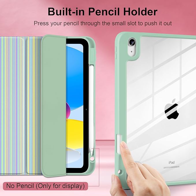 Case for iPad (A16) 11th Generation 11 inch 2025 /iPad 10th Gen 10.9 2022 - Aesthetic Cute Preppy Design Trifold Cover with Soft TPU Bumper Clear Back Auto Sleep/Wake Lines Green
