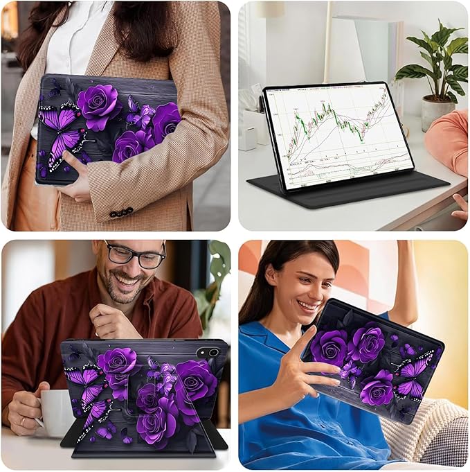 Case for iPad (A16) 11th Generation 11 Inch (2025)iPad 10th Generation 10.9 Inch (2022)360 Degree Rotating Multi-Angle Viewing Case with Auto Sleep/Wake-Purple Rose Butterfly