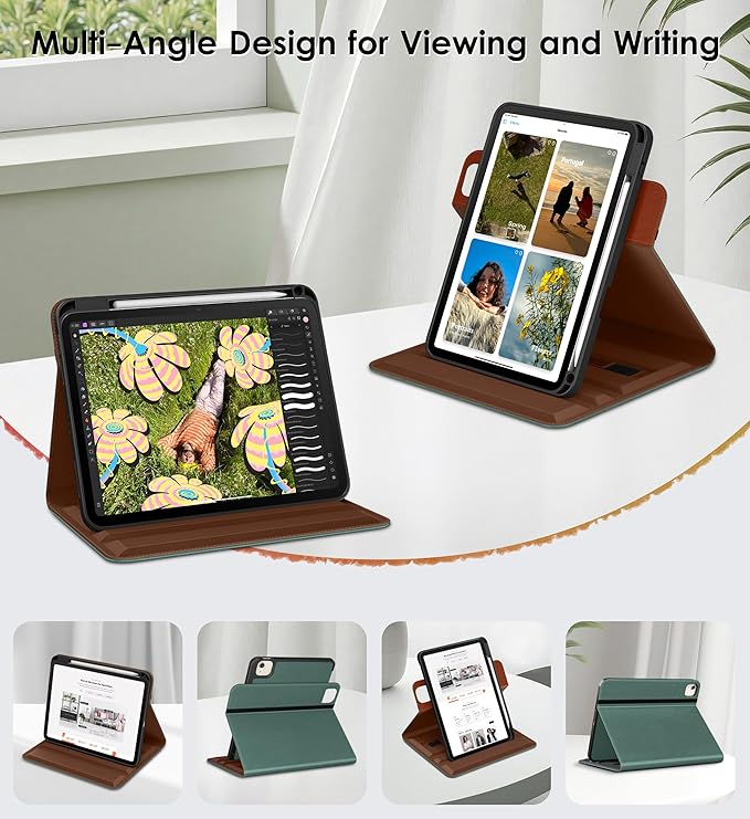 DTTO for iPad Air 11 inch Case M4 / M3 / M2 (2026/2025/2024) iPad Air 5th / 4th Gen (2022/2020) 360 Degree Rotating Premium Leather Folio Stand Cover with Pencil Holder Midnight Green