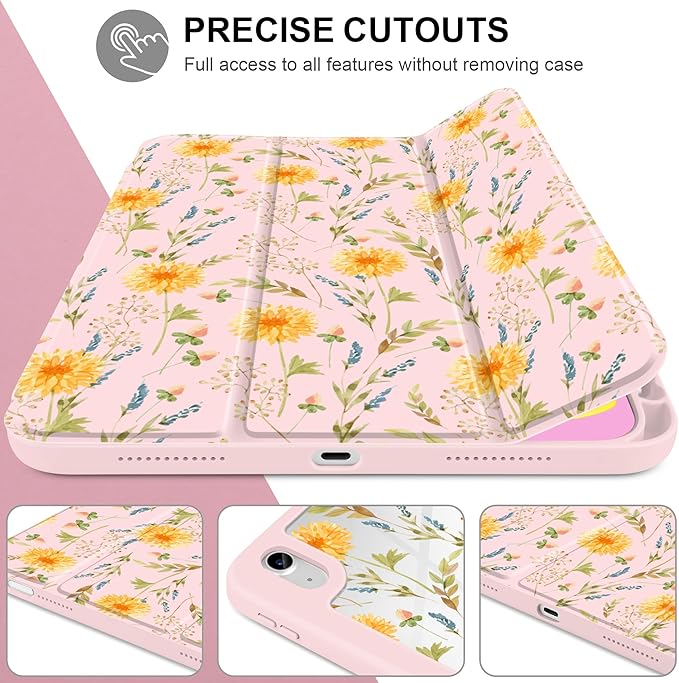 Case for iPad A16 11th Generation 11 inch 2025 iPad 10th Generation 10.9 inch 2022 -[Built-in Pencil Holder] Shockproof Clear Hard Back Trifold Stand Auto Wake/Sleep Yellow Floral