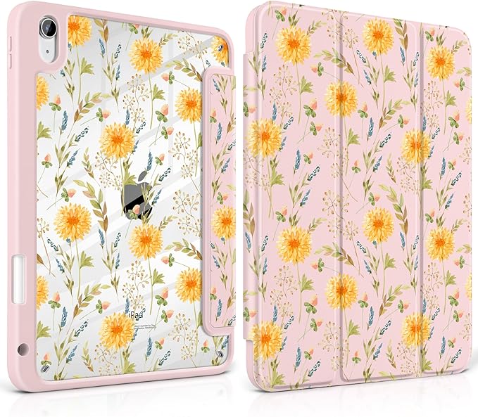 Case for iPad A16 11th Generation 11 inch 2025 iPad 10th Generation 10.9 inch 2022 -[Built-in Pencil Holder] Shockproof Clear Hard Back Trifold Stand Auto Wake/Sleep Yellow Floral