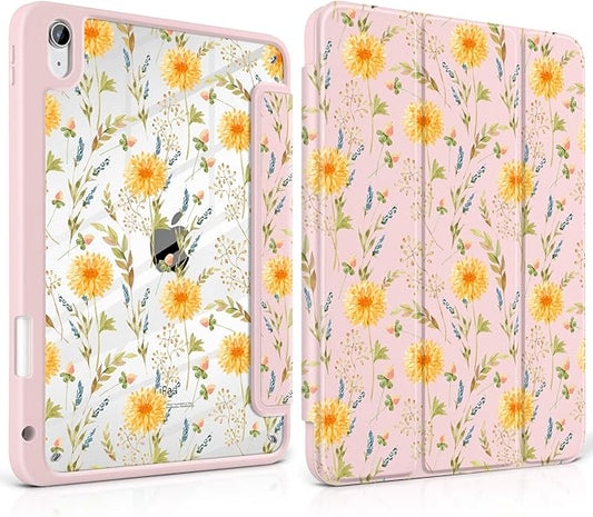 Case for iPad A16 11th Generation 11 inch 2025 iPad 10th Generation 10.9 inch 2022 -[Built-in Pencil Holder] Shockproof Clear Hard Back Trifold Stand Auto Wake/Sleep Yellow Floral