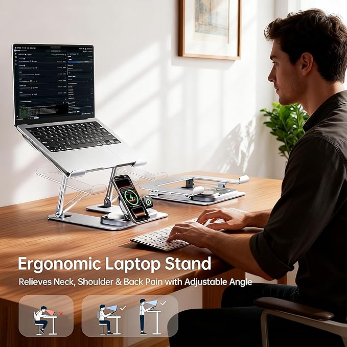 Adjustable Laptop Stand with Wireless Charger 3-in-1 Charging Station for Phone and Watch Ergonomic Aluminum Notebook Riser with LED Light 25W Qi2 Fast Charging (Silvery)
