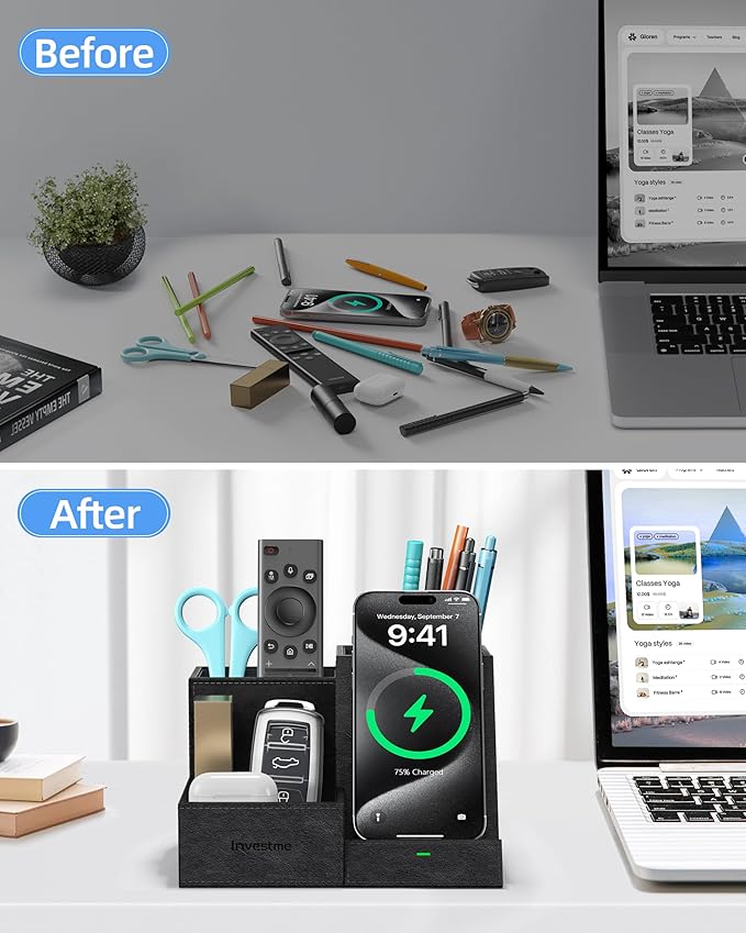 Wireless Charger with Desk Organizer Pen Pencil Holder Multifunctional Desktop Organizer Office Supplies and Desk Accessories Organizer with 3 Compartments and 1 Phone Stand PU Black