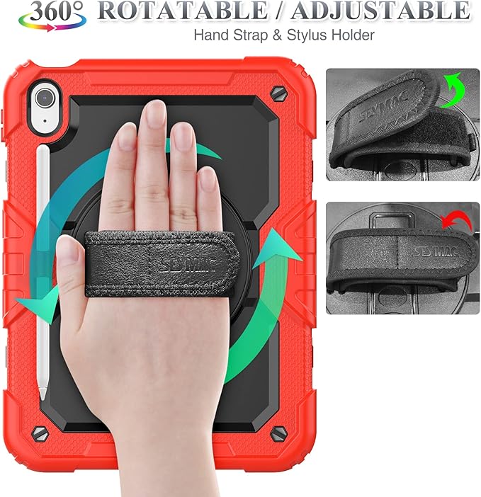 SEYMAC stock Case for iPad (A16) 11th/10th Generation 11''/10.9'' 2025/2022 Full-Body Drop Protection Case with Screen Protector &amp360° Rotate Hand Strap/Stand Black+Red