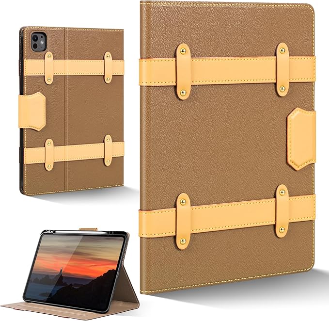 iPad Case for iPad Pro 13 Inch (M5/M4) 2025/2024Leather Folio Cover with Pencil HolderAuto Wake/SleepAdjustable StandDetachable Magnetic Closure Protection Case-Multiple Straps Yellow Brown