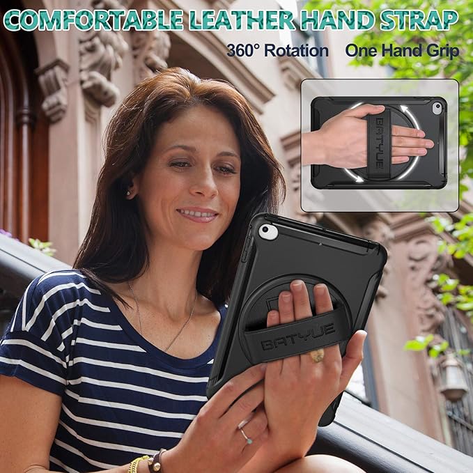 BATYUE for iPad mini 5/4 7.9 Inch Case (2019/2015) Shockproof Cover with 360° Kickstand &amp Pencil Holder Comfortable Leather Hand Strap for Easy Grip - Black