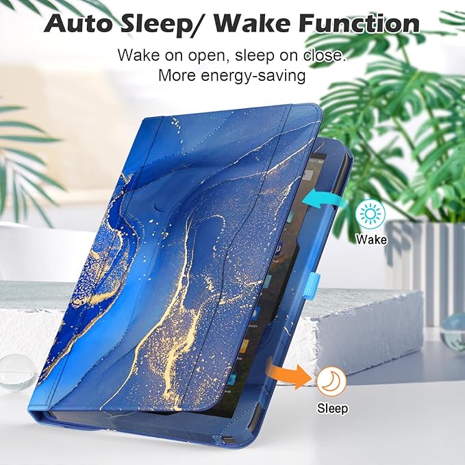 Case for 10 &amp 10 Plus Tablet (13th/ 11th Generation 2023/2021 Released) 360 Degree Rotating Stand PU Leather Cover with Pencil Holder Auto Sleep/Wake Pocket Design Marble Gray Blue