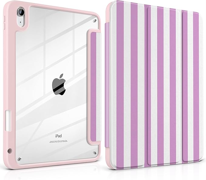 DONGKE Case for iPad (A16) 11th Generation 11 inch 2025 &amp iPad 10th Gen 10.9 inch 2022 [Built-in Pencil Holder] Clear Acrylic Back Trifold Stand Smart Cover Auto Sleep/Wake Lilac Stripes