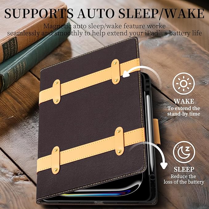 iPad Case for iPad Pro 13 Inch (M5/M4) 2025/2024Leather Folio Cover with Pencil HolderAuto Wake/Sleep Adjustable StandDetachable Magnetic Closure Protection Case-Multiple Straps Dark Brown