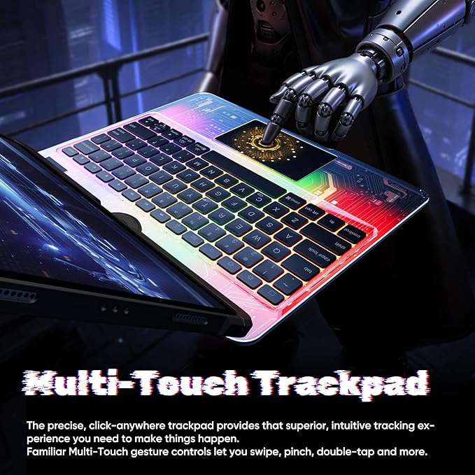 KITONE Transparent Case with Wireless Keyboard for iPad 10.2-in (7th 8th and 9th Gen) 7 Colors Backlight Trackpad 360°Rotating Stand Tech Style