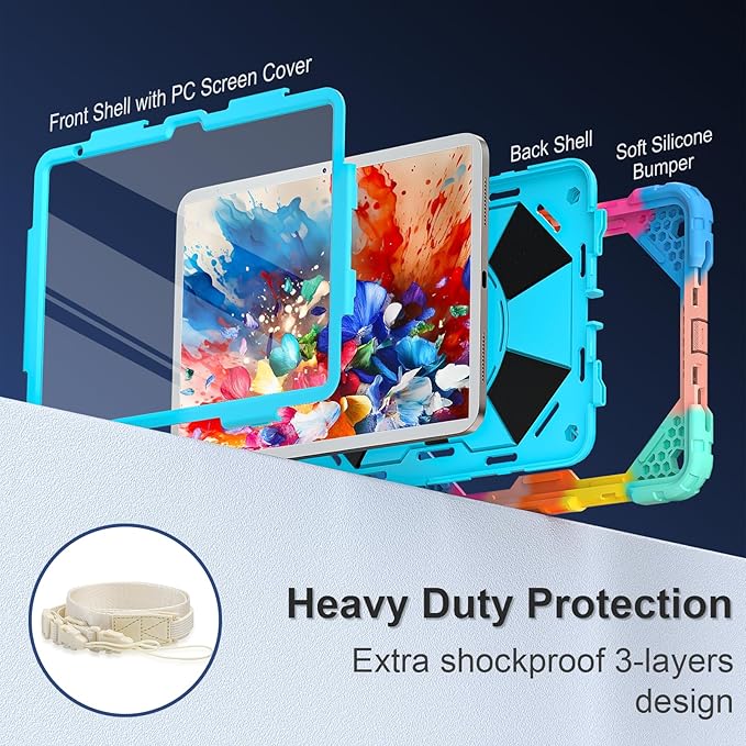Case for iPad (A16) 11th Generation 11 Inch (2025) iPad 10th Generation Case 10.9 Inch (2022) Shockproof Cover with 360° Rotating Stand Screen Protector Pen Holder Shoulder StrapRainbowBlue