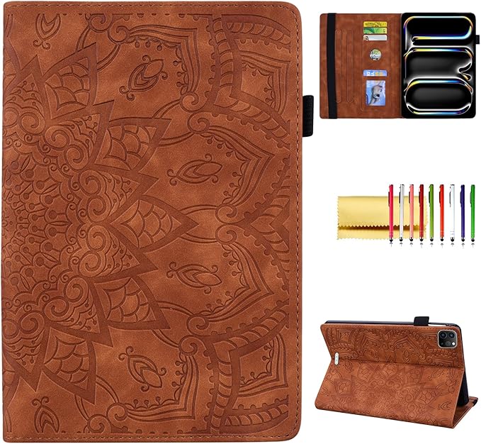 Folio Case for iPad Pro 11 M4 M5 (2024-2025) Techcircle Anti-Slip Stand Mandala Embossed PU Leather Soft TPU Back Protective Cover with Elastic Strap Card Slots &amp Pencil Holder Brown