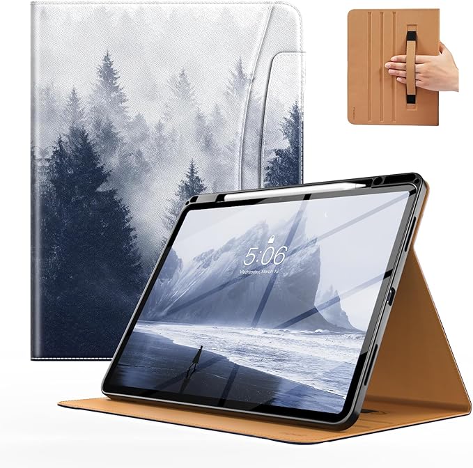 MoKo Case for iPad Air 13-inch (M4) 2026 / (M3) 2025 / (M2) 2024 with Pencil Holder &amp Hand Strap &amp Pocket Premium Leather Folio Stand Cover Multiple Viewing Angles Gray Forest