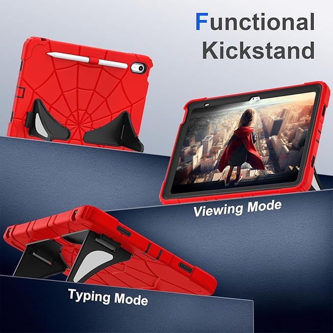 Kids Case for iPad 10th/11th Gen (10.9/11 Inch 2022/2025 A16) – Shockproof 360° Full-Body Protection Cover with Screen Protector Stand &amp Pencil Holder – Boys’ Anti-Drop Design-RED Black
