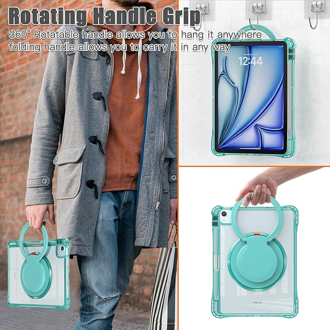Shockproof Case for iPad Air 11 inch (M3 2025 7th /M2 2024 6th) Compatible with iPad Air 10.9 (2022 5th Gen /2020 4th Gen) PC Clear Tablet Cases with Rotating Stand for Kids Light Green