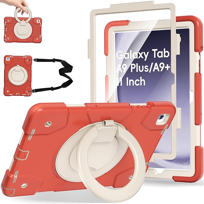 Case for Samsung Galaxy Tab A9+/A9 Plus Case 11 Inch with Screen Protector/360° Rotating Stand/Pen Holder/Shoulder Strap Shockproof Cover for Tablet A9+ 5g (Orange)