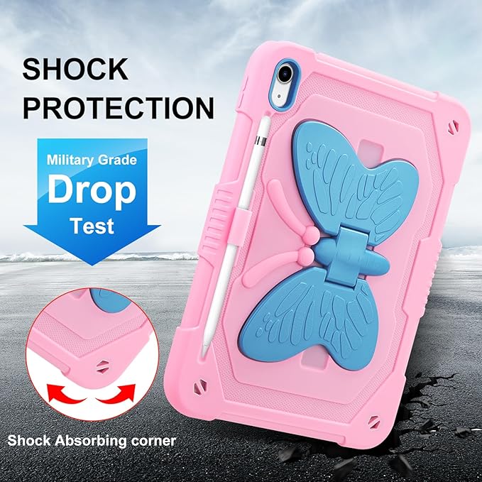 VOFUOE for iPad 10th Generation Case for Kids Girls 2022 10.9'' for iPad A16 Case 11th Generation 2025 11'' with Screen Protector Shoulder Strap Butterfly Wings Stand Pencil Holder Rugged Cover-Pink
