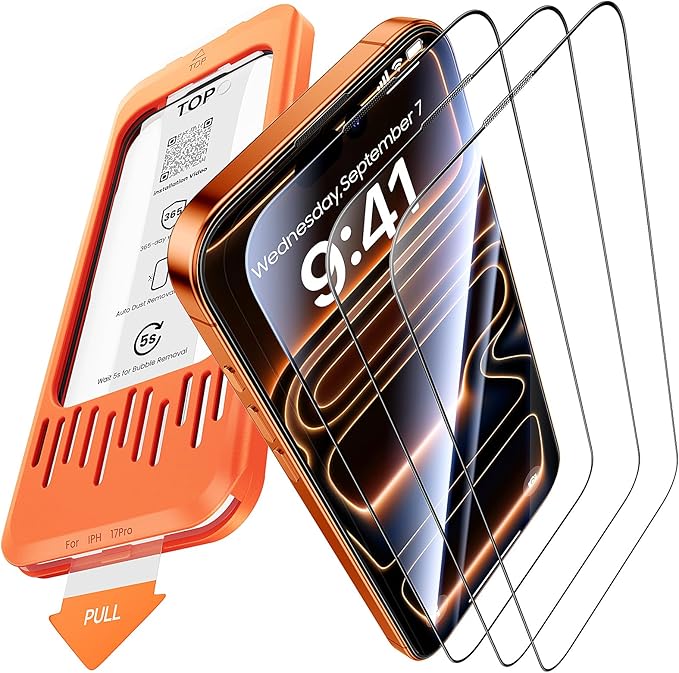 3-Pack for iPhone 17 Pro Screen Protector 9H+ Tempered Glass Scratch &amp Drop Resistant Smooth &amp Clear Easy Installation Case Friendly Full Coverage