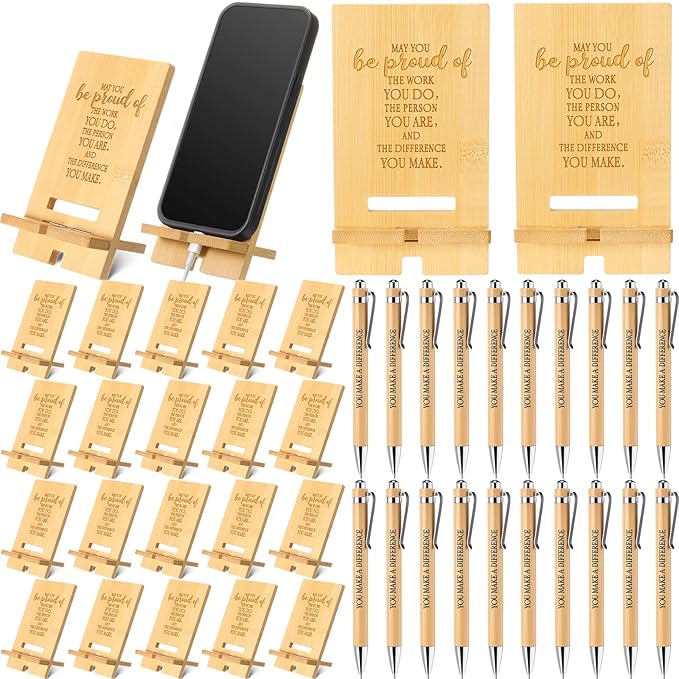 Ripeng 20 Sets Employee Appreciation Gifts Bulk Bamboo Phone Stands with Ballpoint Pens for Desk Office Workers Thank You Gift for Team Coworkers Staff Volunteer Nurse Teacher Colleagues