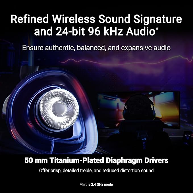 ASUS ROG Delta II Wireless Gaming Headset with Detachable Mic – Tri-Mode (BT 2.4GHz 3.5mm) 50mm Titanium-Plated Drivers 110Hr Battery Lightweight for PC PS5 PS4 Xbox Switch Mobile - Black