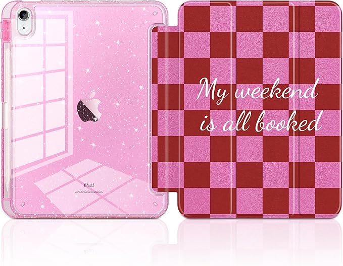 DONGKE for iPad Pro 11 inch Case – Fits M5 2025 / M4 2024 Shockproof Sparkling Glitter Acrylic Back Pencil Holder Trifold Stand Auto Sleep/Wake &amp Touch ID Support - Red Checkerboard