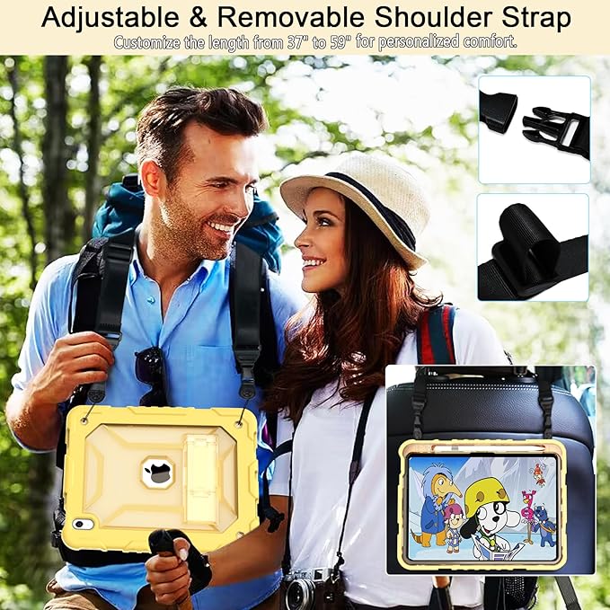 TIMISM Case for iPad (A16) 11th/10th Generation(2025/2022) with Shoulder Strap Kickstand and Pencil Holder Translucent Hard PC Back Cover Heavy Duty Shockproof Rugged Protective Case Yellow