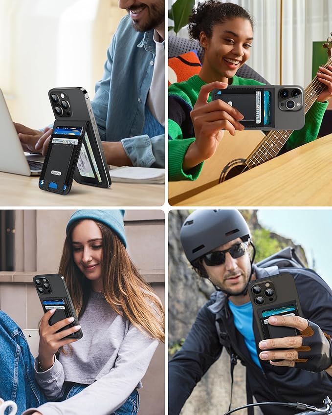 For Magsafe Wallet Stand Strongest Magnetic Wallet for iPhone 17/16/15/14/13 Series for iPhone Walle t with Adjustable Stand ID Window 4 Card Slot Hold 10 Card VeganLeather RFID Blocking Black