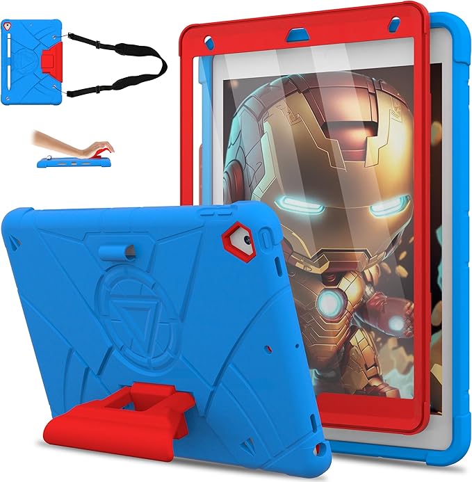 Case for iPad 9th/8th/7th Generation 10.2 inch Heavy Shockproof Cover with Screen Protector/180° Rotating Handle/Bracket/Pen Holder/Shoulder Strap Kids Case for 2021/2020/2019 (D-Blue+Red)