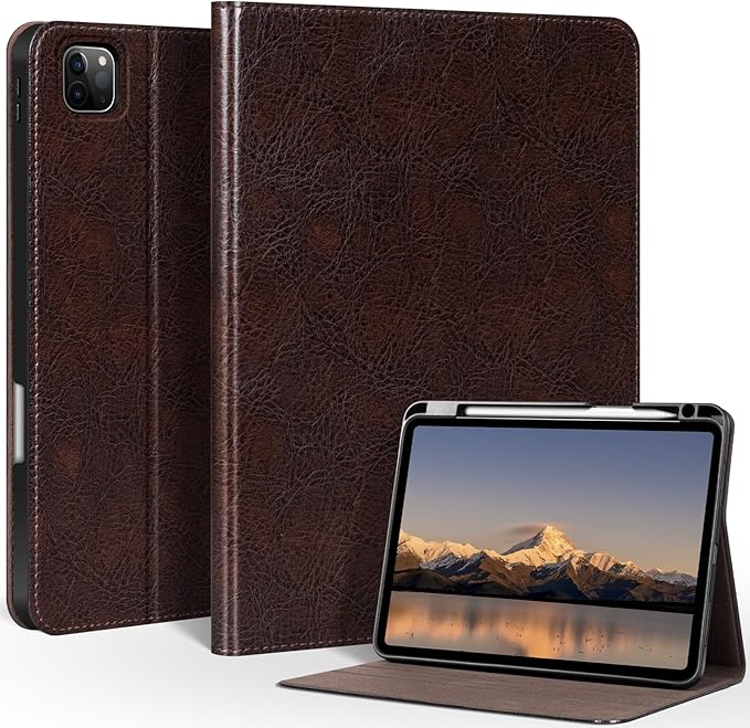 Genuine Leather Case for iPad Pro 11 Inch 4th-1st Gen 2022/2021/2020/2018 Premium Folio Cover with Pencil Holder Auto Wake/Sleep Adjustable Stand Wear-Resistant Protective Case - Moka Brown