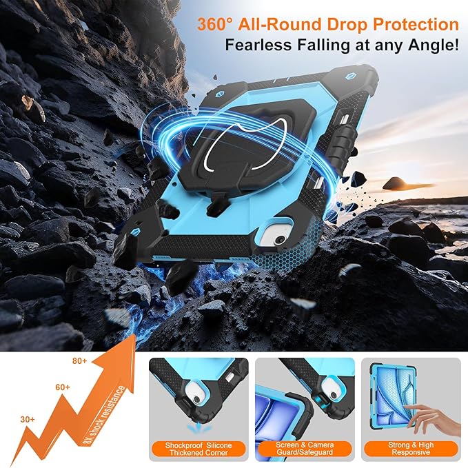 Case for iPad Air 13 Inch Case M4 2026/M3 2025/ M2 2024 Auorld for iPad Air 13 Inch Case M4 2026 Case with Screen Protector 360 Degree Rotating Stand Shoulder Strap Pencil Holder Black Blue