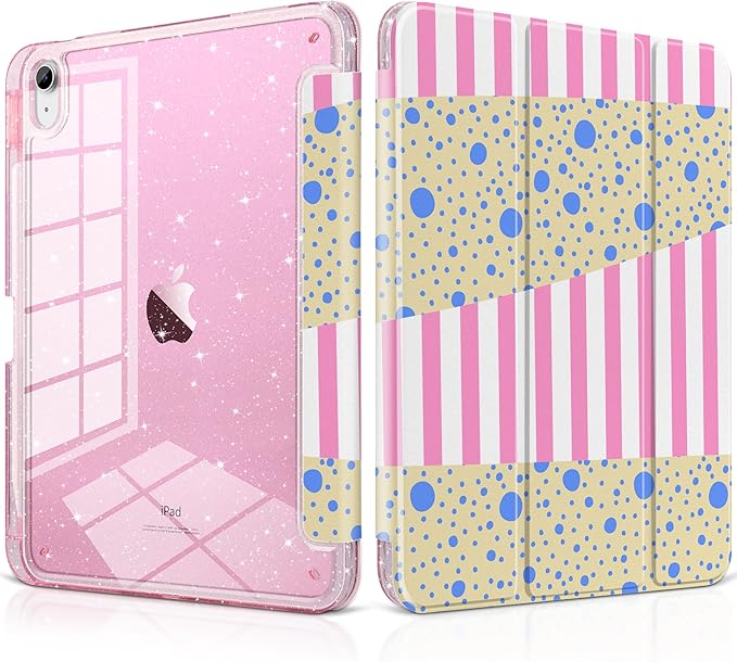 MEEgoodo Case for iPad A16 11th Generation 2025/10th Generation 2022 Glitter Tablet Cases with Transparent Acrylic Back+Trifold Stand +Pencil Holder+Auto Wake/SleepPink Stripes &amp Blue Dots