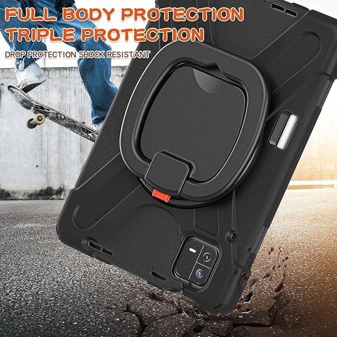 Rugged Tablet Case for Pad 6 6 Pro Tablet Cover with Stand Slim Folding Stand Cover for Pad 6 6 Pro 360° Rotation Removable Shoulder Strap (Black)