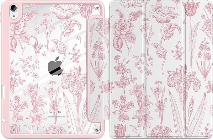 DONGKE Case for iPad Air 11-inch M4 2026 &amp M3 2025 &amp M2 2024 iPad Air 5th/4th Generation 10.9 2022/2020 [Built-in Pencil Holder] Clear Acrylic Back Trifold Stand Smart Cover Pink Florals