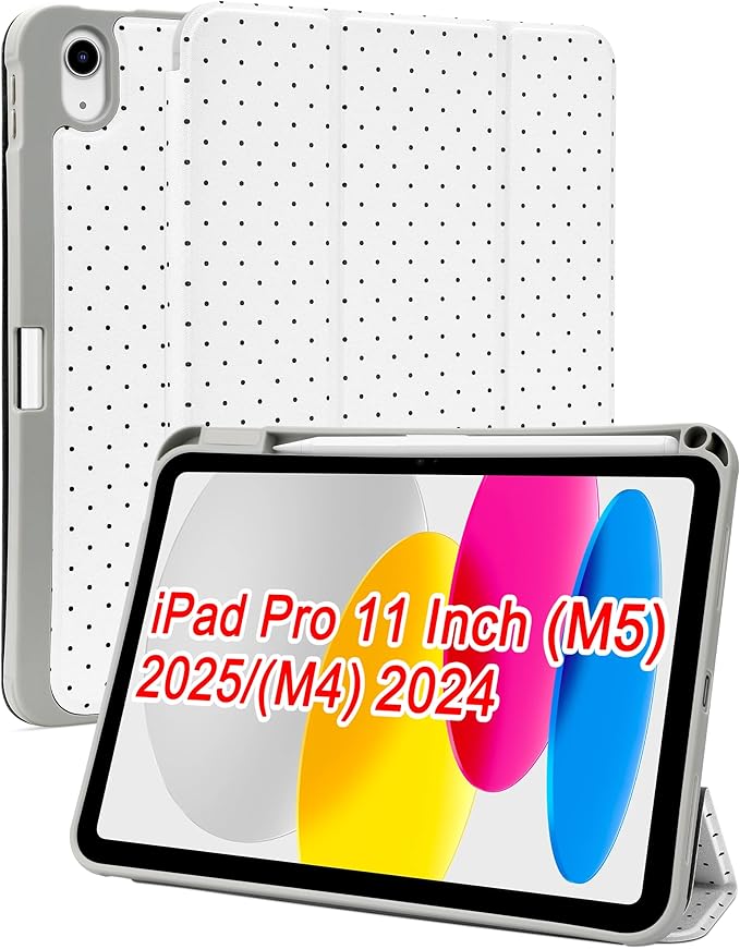 Compatible with iPad Pro 11 Inch (M5) 2025 /(M4) 2024 Case with Pencil Holder Cute Polka Dots Aesthetic Design Soft TPU Trifold Stand Protective White