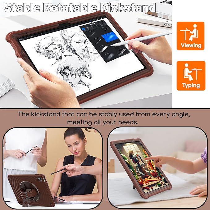 Case for iPad A16 11-inch (2025) &amp iPad 10th Gen 10.9-inch (2022) HD Screen Protector Strong Military-Grade Full-Body Shockproof Protection 360° Rotating Handle Strap &amp Shoulder Strap Choc
