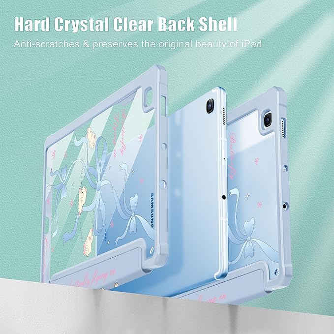 Mektron Case for Samsung Galaxy Tab S6 Lite 10.4 Inch 2024/2022/2020 with S Pen Holder Multi-Angle Viewing with Shockproof Cover Clear Shell + Trifold Stand + Auto Wake/Sleep Blue Bows-Sheep