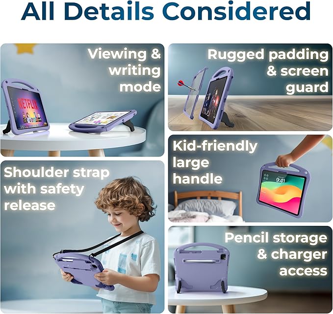 Bam Bino Space Suit Rugged Kids Case for Apple iPad Pro 13 M4 iPad Air 13 M2/M3 (2024/2025) Case for Kids with Built-in Screen Protector Handle Stand Pencil Holder Shoulder Strap (Nebula Violet)