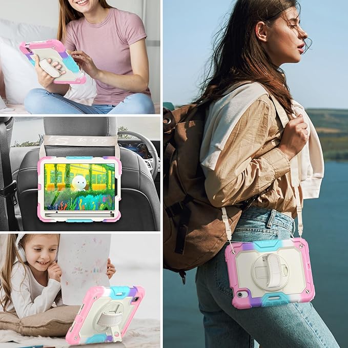 HXCASEAC Kids Case for iPad mini 7 (A17 Pro) iPad mini 6 Case Cute 8.3 inch Full Body Protective with Carrying Strap Hand Strap Stand Protector Pencil Holder A2995 A2993 A2567 A2568 Rainbow Pink
