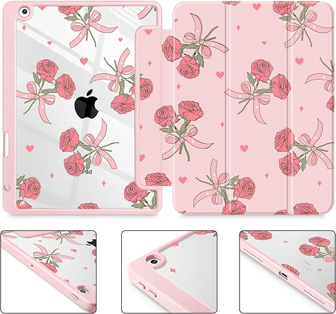 Case for iPad 9th/ 8th/ 7th Generation 10.2-Inch Case(2021/2020/2019 Release) [Built in Pencil Holder] Trifold Stand Auto Wake/Sleep Clear TPU Protection Back Cover Rose Bows