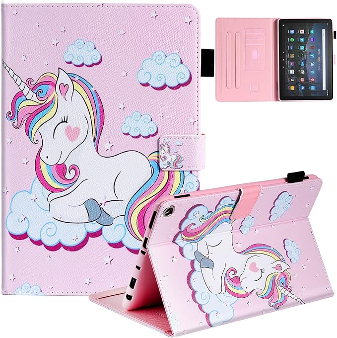 Dteck Case for All-New Fire HD 10 &amp HD 10 Plus Tablet (2021 Release 11th Generation) - Slim Multi-Angle Folio Stand Premium PU Leather Protective Smart Cover with Auto Wake Sleep Pink Unicorn