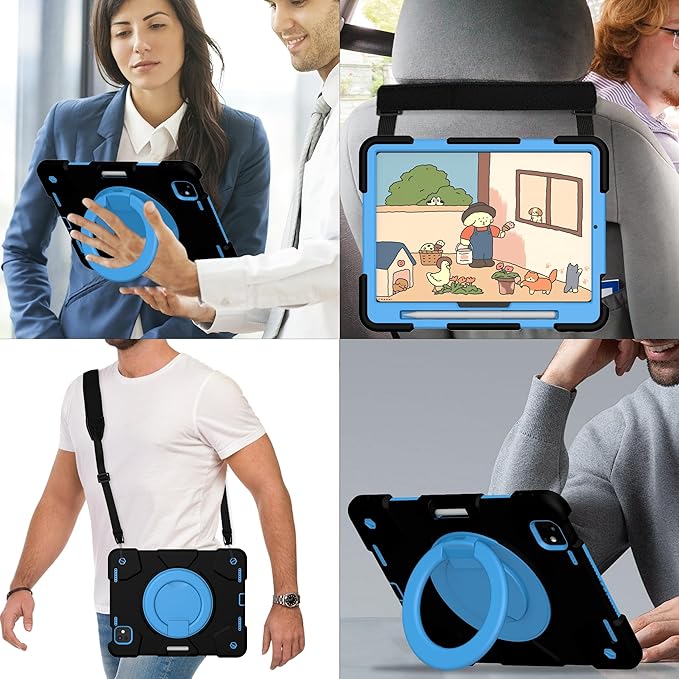 Case for iPad Pro 11 Inch M4 2024/M5 2025 Case Heavy Duty Shockproof Cover with Screen Protector/360° Rotate Stand/Shoulder Strap/Pencil Holde (Black+Blue iPad Pro M4/M5 11 inch)
