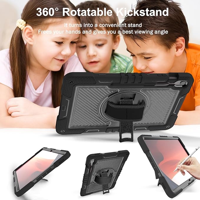 Tablet Case Compatible with Samsung Galaxy Tab S10 FE Plus 13.1 Inch 2025 Model (SM-X620/X626) CaseHeavy Duty Shockproof Rugged Protection Cover Stand &ampHand Strap+Shoulder Strap(Black)