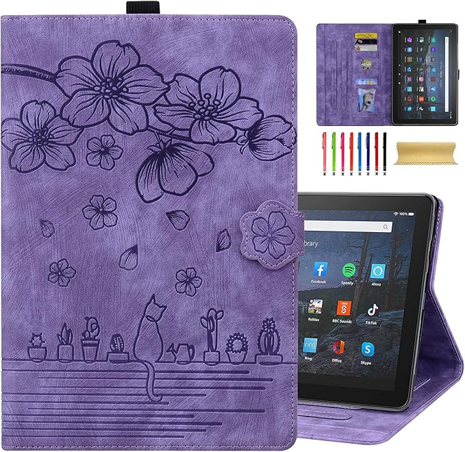 Dteck Case for All-New Amazon Kindle Fire HD 10 &amp 10 Plus Tablet (13th/11th Generation 2023/2021 Release) 10.1 Premium PU Leather Embossed Flower Folio Stand Case Cover with Pencil HolderPurpl