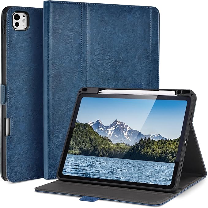 Handmade Case for iPad Pro 11 Inch (M5/M4) 2025/2024 with Pencil Holder PocketMagnetic ClosureAuto Sleep/WakeVegan Leather Folio Protective CoverMulti Angles StandDark Blue